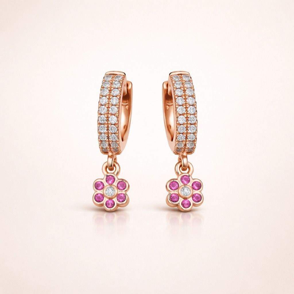Forevershine Anti Tarnish Rose Gold Hoop Earrings With Pink Flower Charm, Pave Crystal Huggie Earrings, Dangle Drop Earrings|lightweight|gift For Her|for Women & Girls