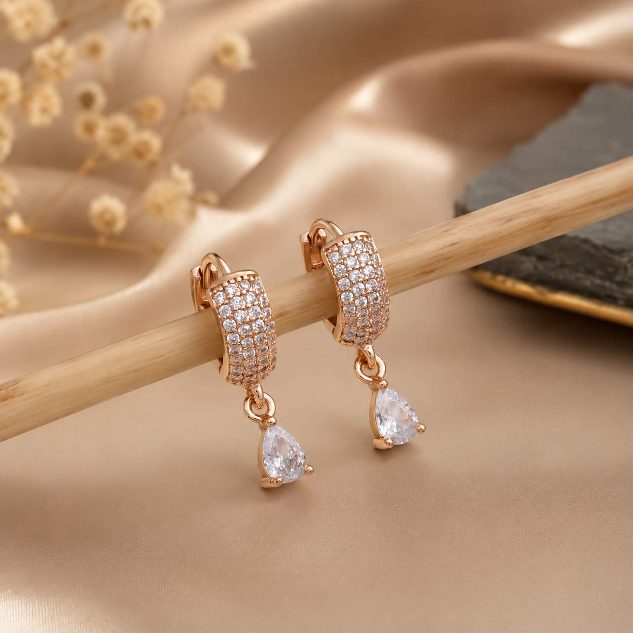 Forevershine Luxury Rose Gold Plated Hoop Earrings With Pave-Set American Diamond Cz Stones And Pear Drop Dangler For Women, Copper Metal, Polished Finish