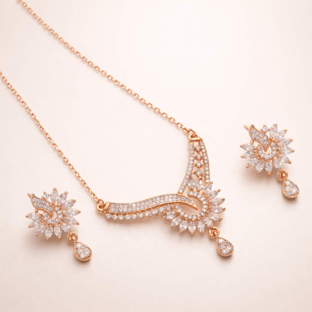 Forevershine Rose Gold Plated Cz Stone Studded Chain Pendant Necklace With Matching Earrings Jewellery Set For Women