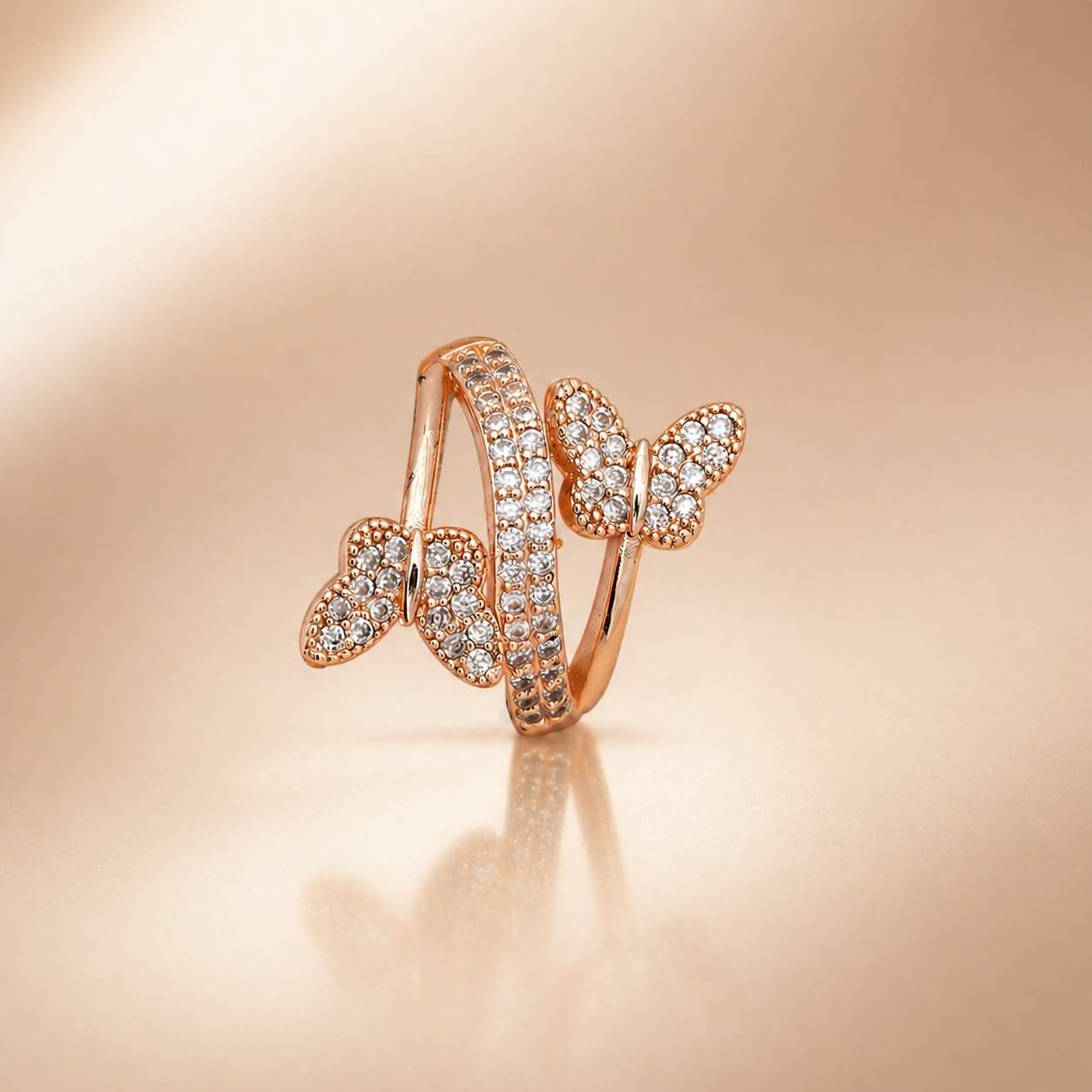 Forevershine Rose Gold Butterfly Adjustable Finger Ring For Women & Girls | Cubic Zirconia Crystal Studded Open Band Fashion Ring | Elegant Party Jewellery Gift