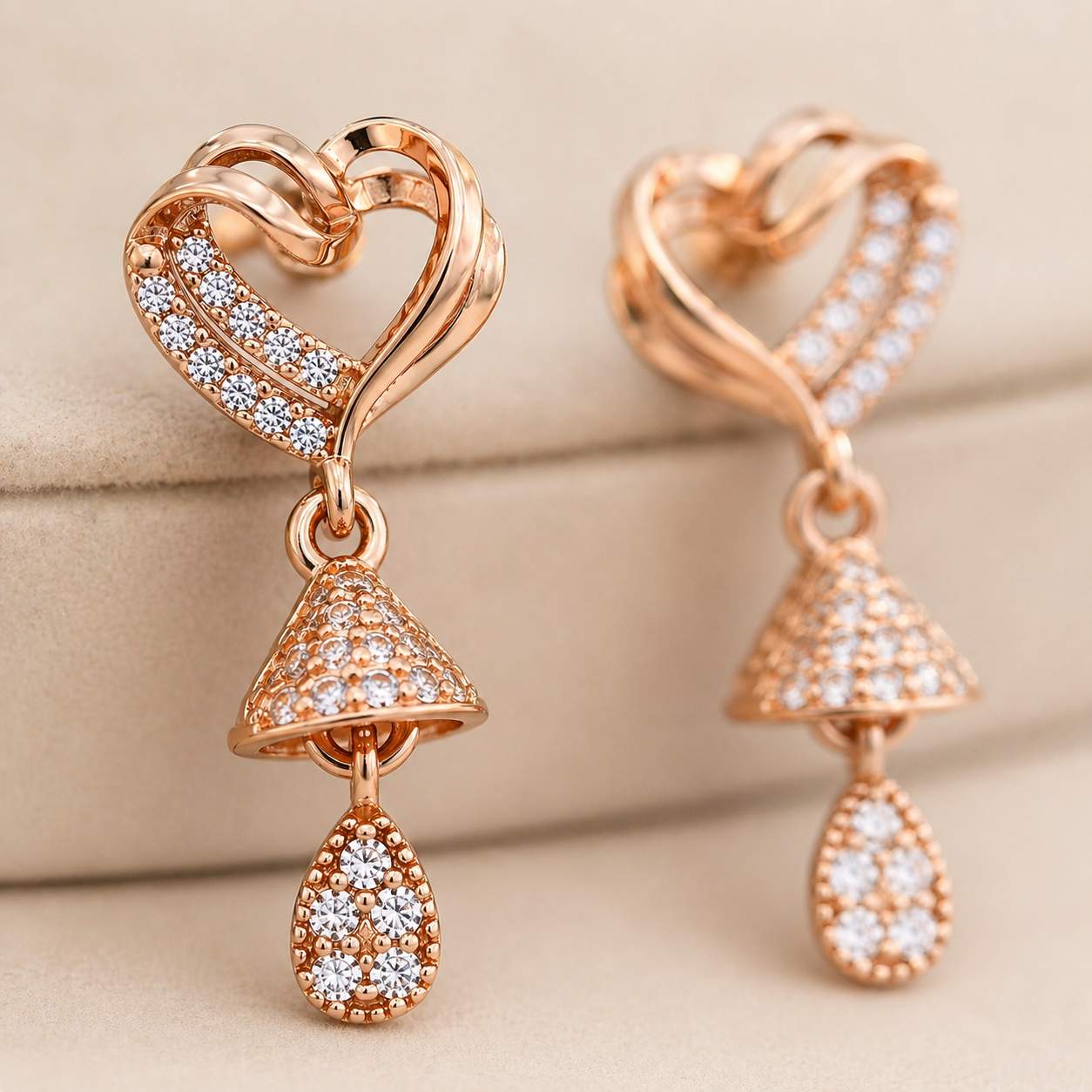 Forevershine Anti Tarnish Rose Gold Plated Heart Jhumki Drop Earrings With Cubic Zirconia, Copper, Polished Finish, 2.5 Cm Length,|lightweight|gift For Her|for Women & Girls