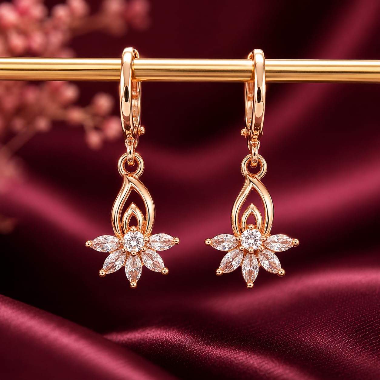 Forevershine Rose Gold Alloy American Diamond Cubic Zirconia Floral Minimal Lotus Hoop Earrings For Women & Girls Fashion Jewellery, Party, Wedding Gift