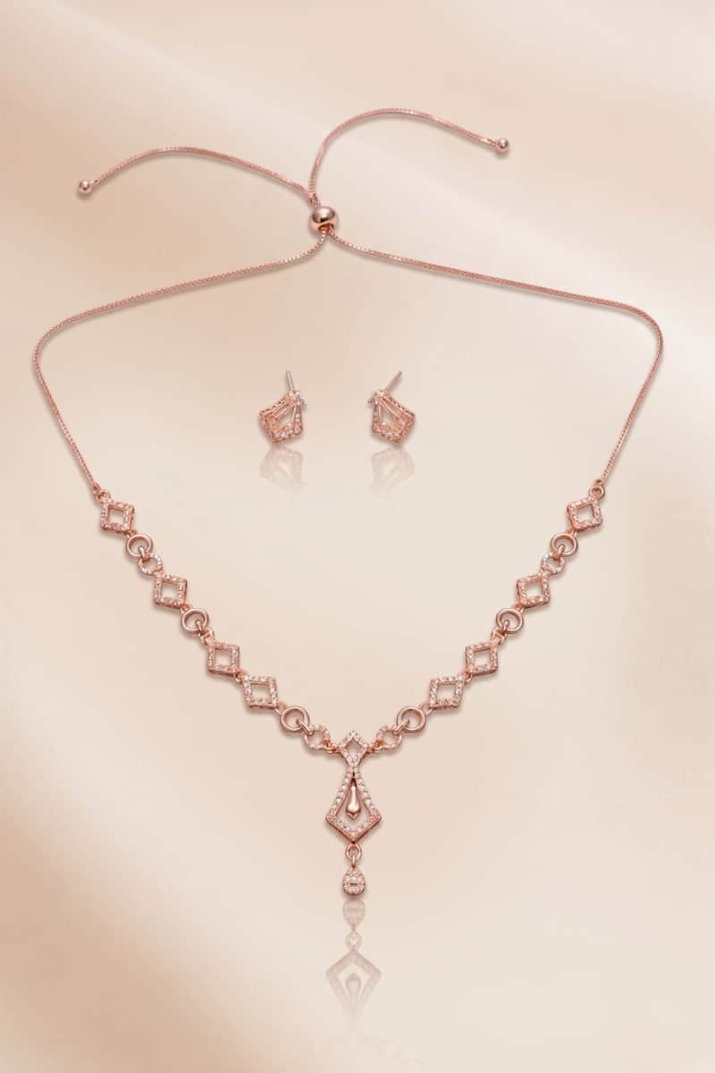 Forevershine Rose Gold Necklace And Earrings Set, Adjustable Chain With Crystal Embellished Geometric Design, Matching Stud Earrings|lightweight | Hypoallergenic |anti Tarnish|stylish Jewelry For Women & Girls