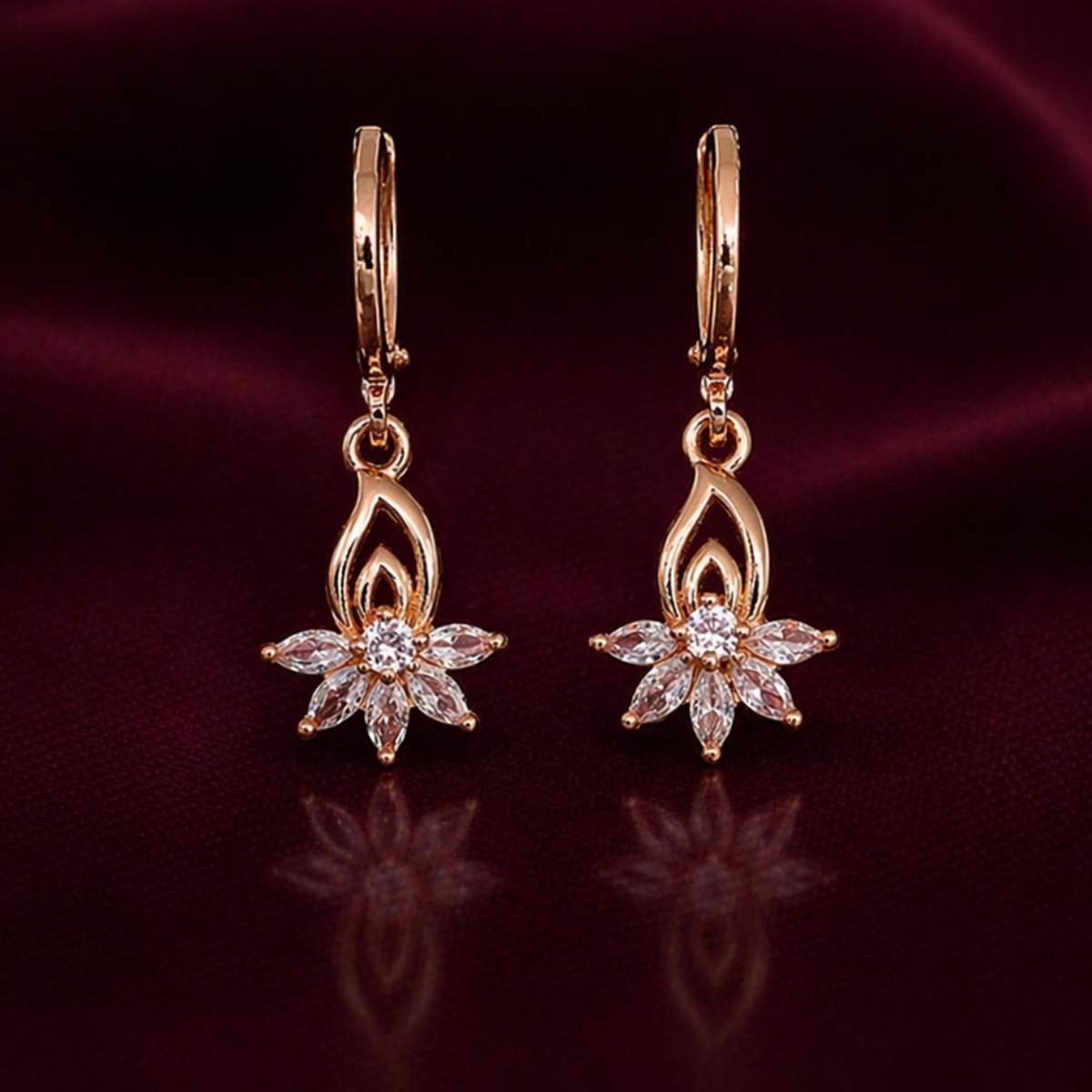 Forevershine Rose Gold Alloy American Diamond Cubic Zirconia Floral Minimal Lotus Hoop Earrings For Women & Girls Fashion Jewellery, Party, Wedding Gift