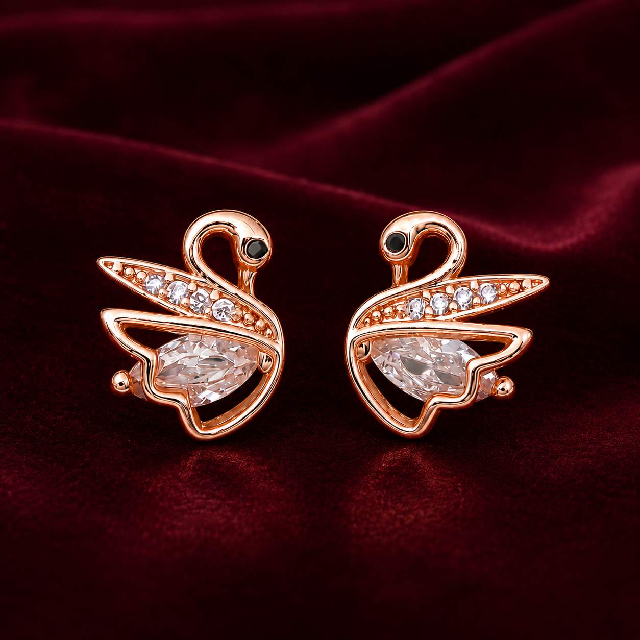 Forevershine Rose Gold & Black Alloy American Diamond Cubic Zirconia Swan Minimal Round Stud Earrings For Women & Girls Fashion Jewellery, Party, Wedding Gift