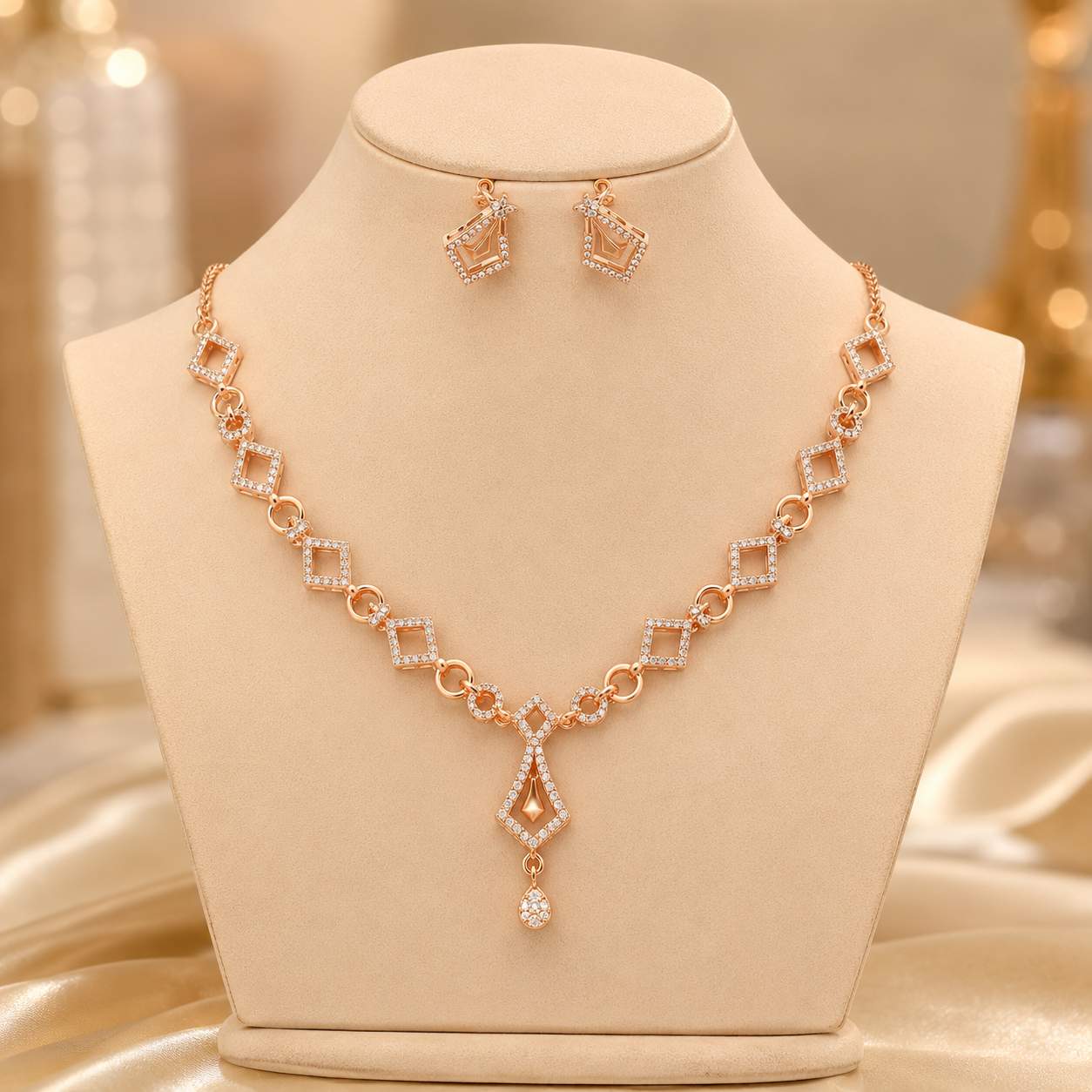 Forevershine Rose Gold Plated Necklace Set For Women With Cubic Zirconia Stones | Cz Diamond Design Jewellery Set With Earrings | Wedding Party Bridal Jewellery