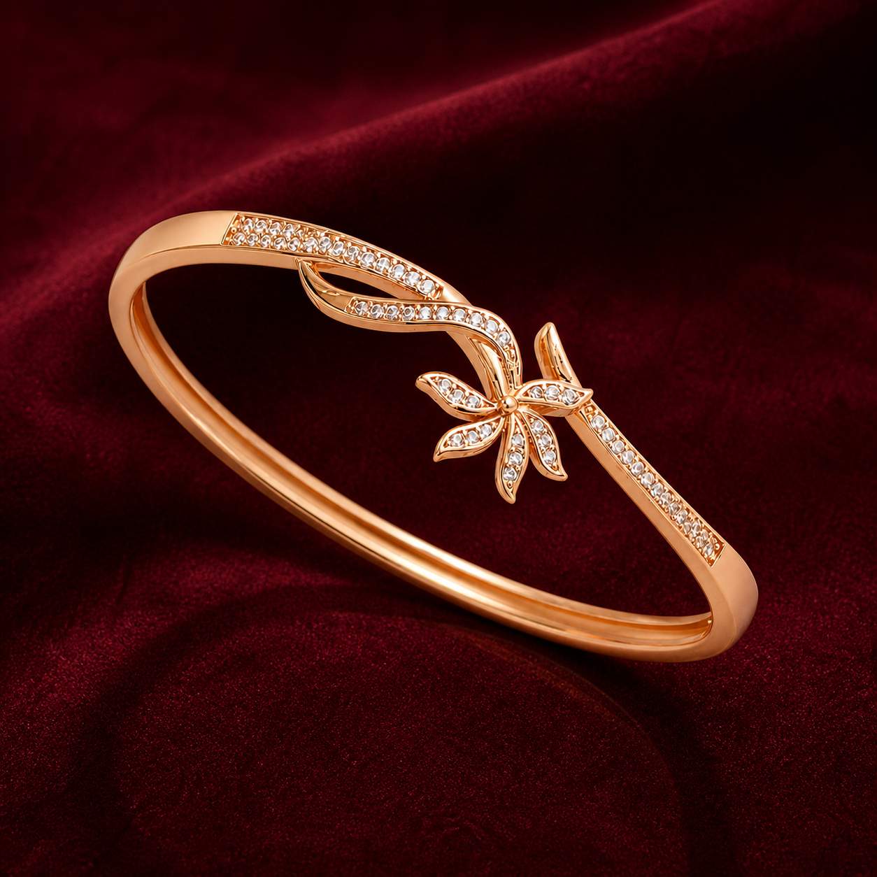 Forevershine Rose Gold Alloy American Diamond Cubic Zirconia Floral Minimal Modern Bracelet Kada For Women & Girls Fashion Jewellery, Party, Wedding Gift
