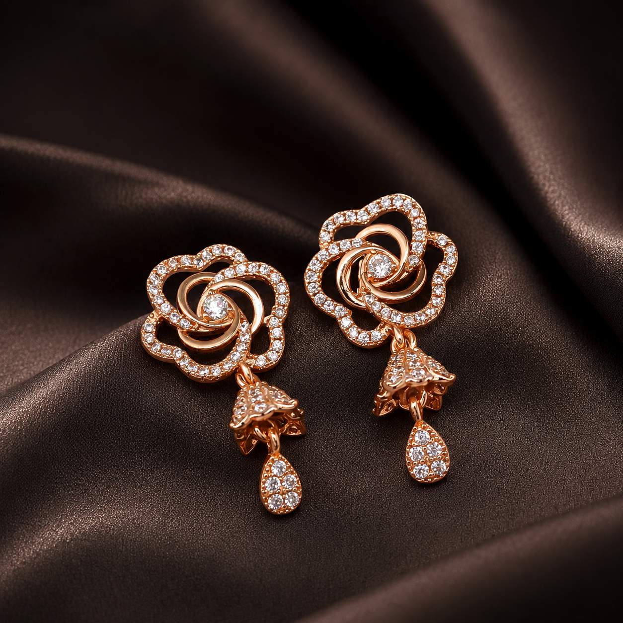 Forevershine Rose Gold & White Alloy American Diamond Cubic Zirconia Floral Minimal Drop Jhumka Earrings For Women & Girls Fashion Jewellery, Party, Wedding Gift