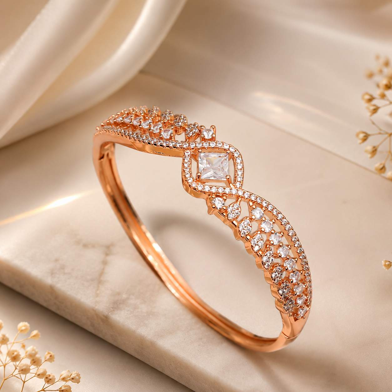 Forevershine Rose Gold & White Alloy American Diamond Cubic Zirconia Ribbon Geometric Solitaire Bracelet Kada For Women & Girls Fashion Jewellery, Party, Wedding Gift