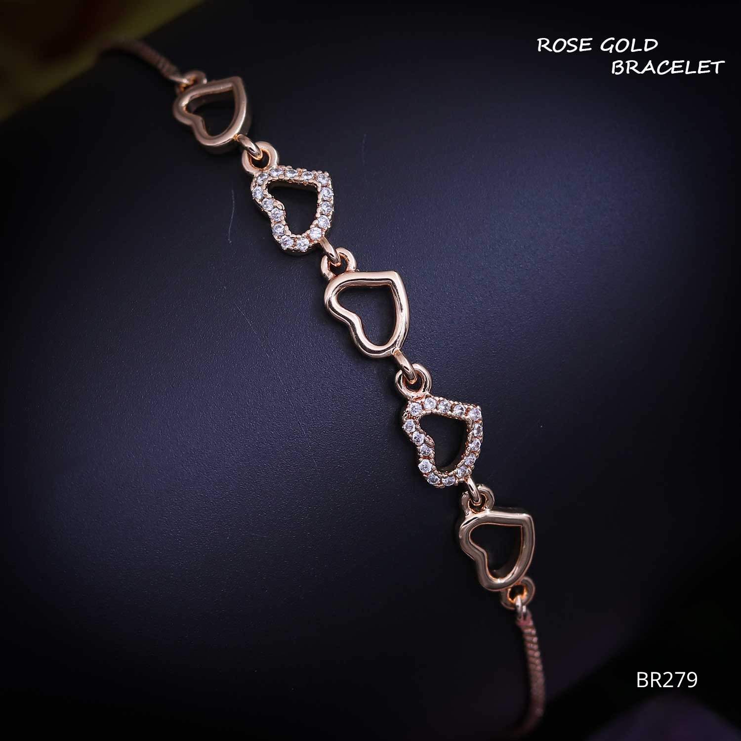Forevershine Anti Tarnish Elegant Heart Link Adjustable Charm Bracelet, Rose Gold Plated, Copper Alloy,minimal Style With Cz Stones, Free Size|lightweight|gift For Her|for Women & Girls