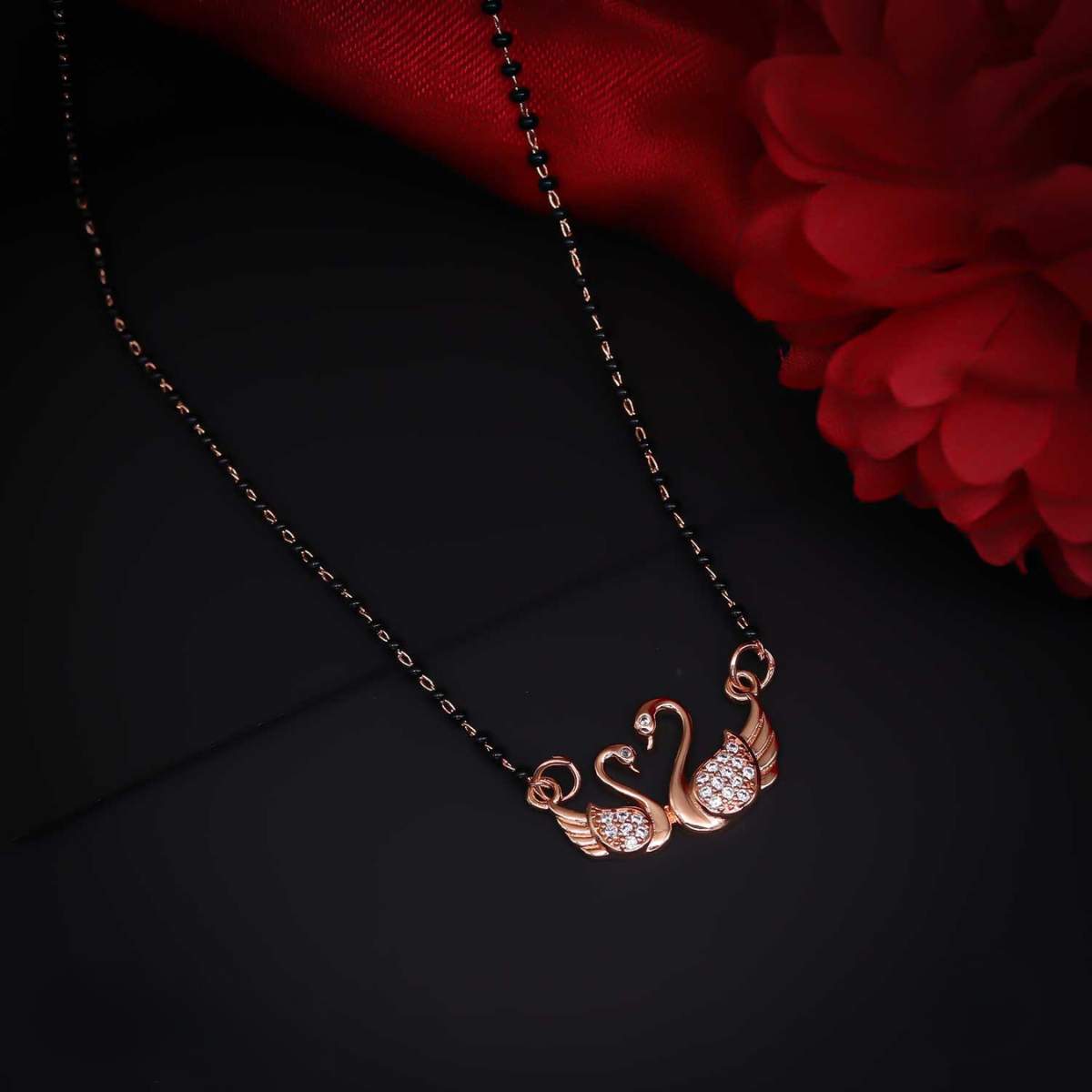 Forevershine Elegant Rose Gold Plated Twin Swan Mangalsutra With Shimmering Cubic Zirconia Cz Stones And Traditional Black Beaded Chain For Women, Alloy Metal, Polished Finish
