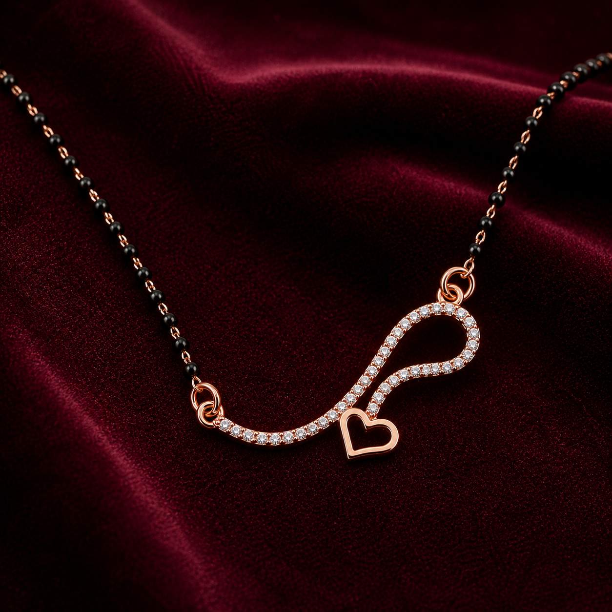 Forevershine Luxury Rose Gold Plated Infinity Heart Mangalsutra With Shimmering Pave-Set Cubic Zirconia Cz Stones And Traditional Black Beaded Chain For Women, Alloy Metal, Polished Finish
