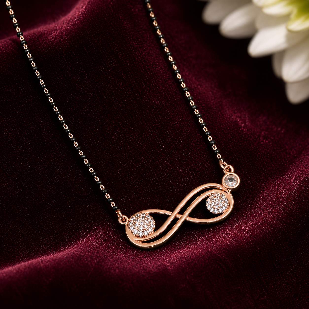 Forevershine Elegant Rose Gold Plated Infinity Loop Mangalsutra With Round Pave-Set Cubic Zirconia Cz Accents And Traditional Black Beaded Chain For Women, Alloy Metal, Polished Finish