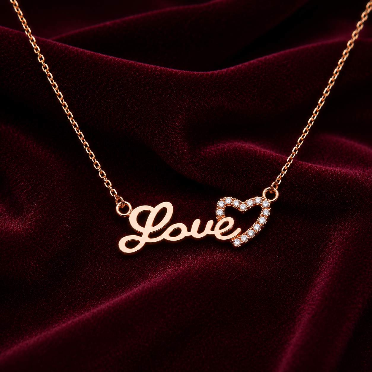 Forevershine Luxury Rose Gold Plated "love" Script Pendant Necklace With Pave-Set Cubic Zirconia Cz Heart For Women, Alloy Metal, Polished Finish