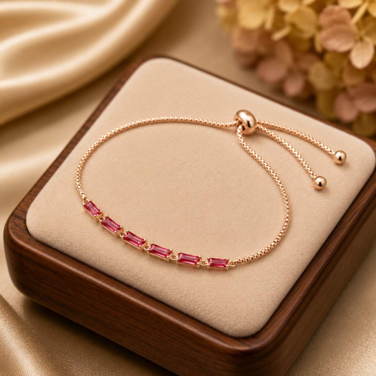 Rose Gold Plated Pink Cz Tennis Adjustable Bracelet