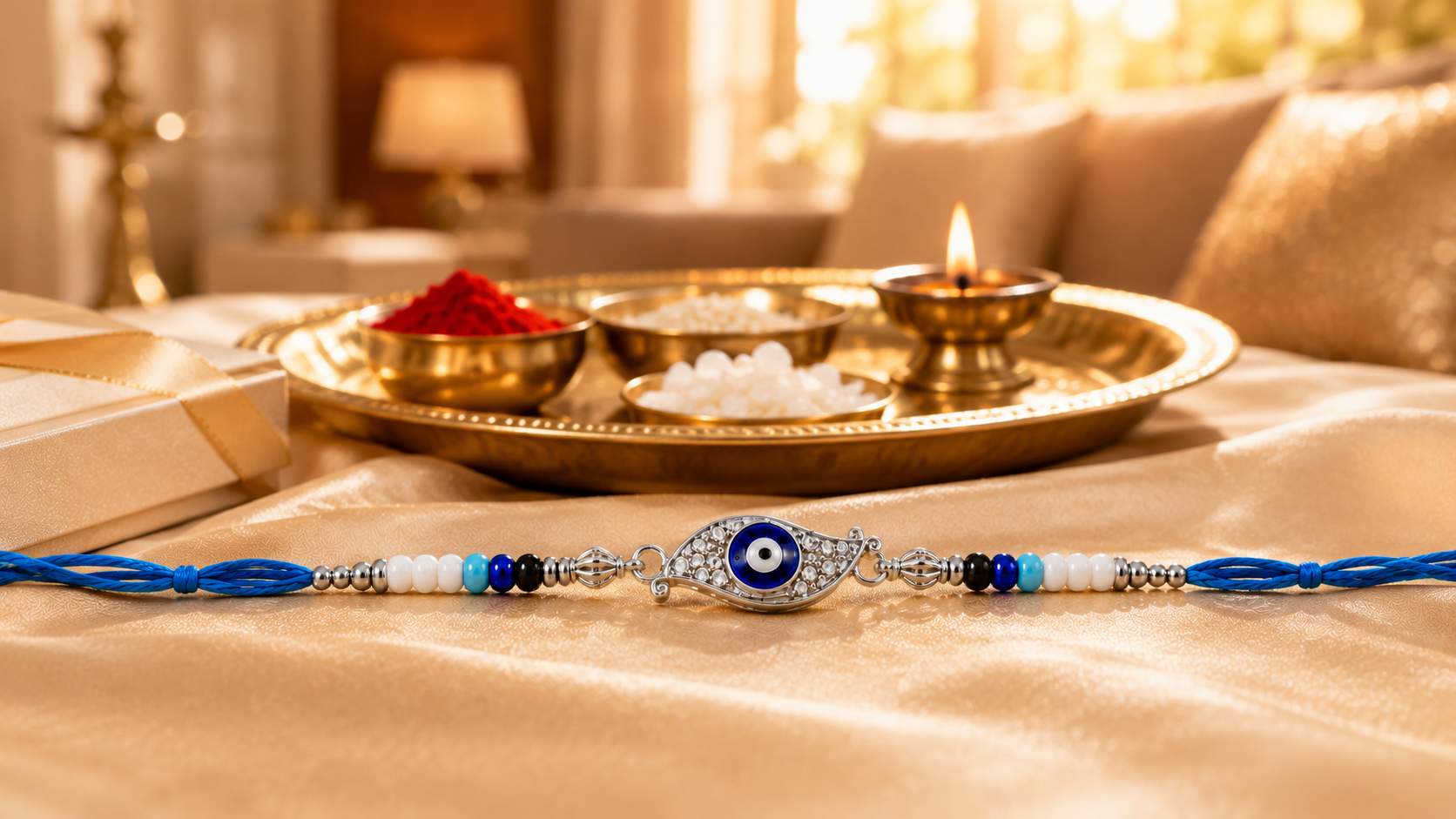 Evil Eye Designer Rakhi With Blue White Beads For Men & Boys(1 Rakhi With Roli, Chawal, Chandan & Mishri Pack)