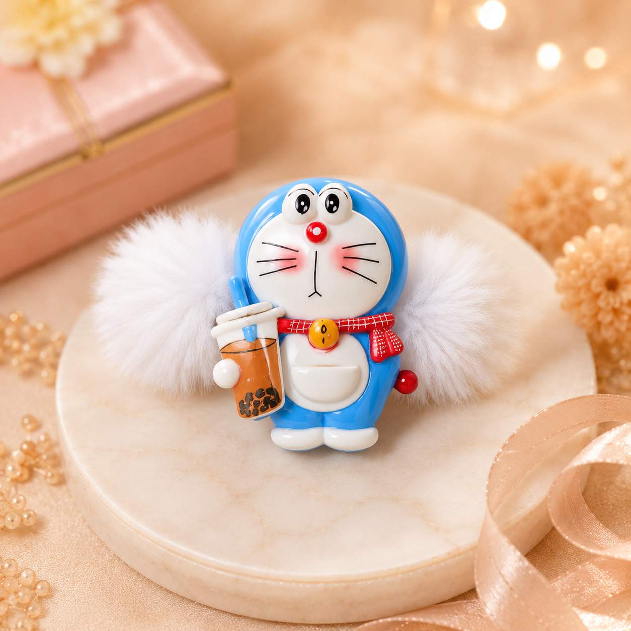 Girls White Soft Fur Doraemon Toy Scrunchie Rakhi (pack Of 1)