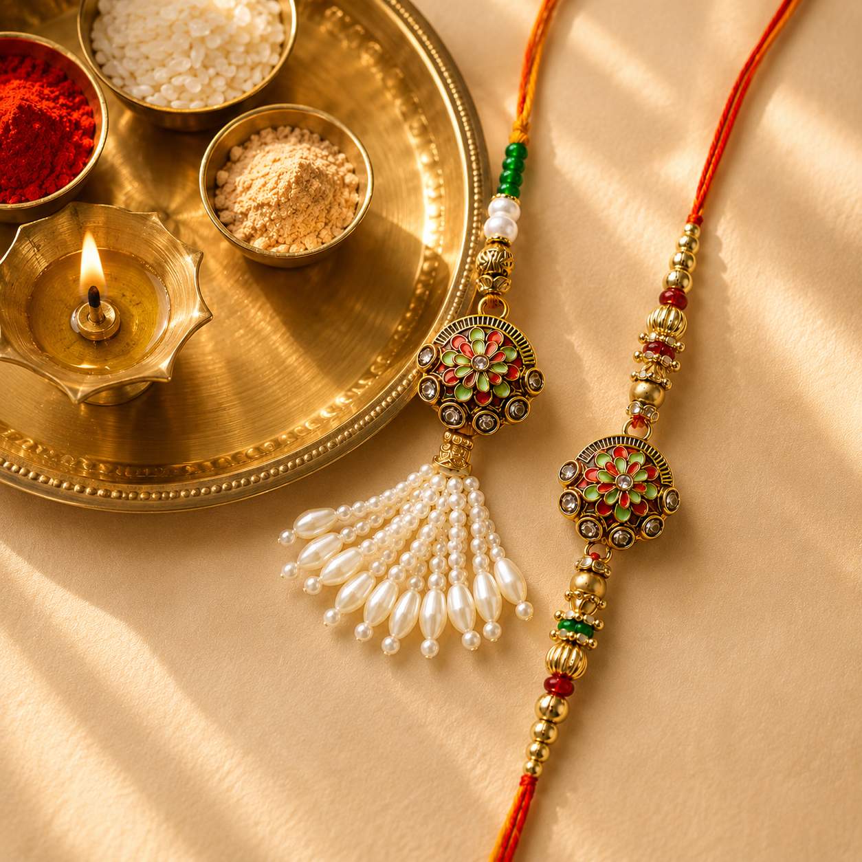 Gold Plated Meenakari Bhaiya Bhabhi Rakhi Pair With Pearls(set Of 2 Rakhi For Bhaiya-Bhabhi With Roli, Chawal, Chandan & Mishri Pack)