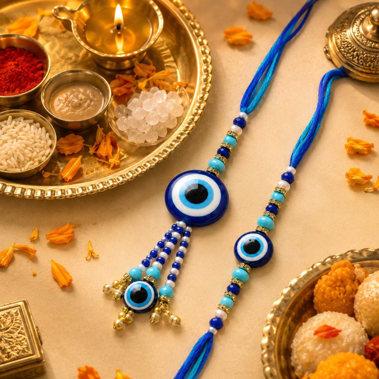 Evil Eye Bhaiya Bhabhi Rakhi Combo Set With Pearl Lumba(set Of 2 Rakhi For Bhaiya-Bhabhi With Roli, Chawal, Chandan & Mishri Pack)