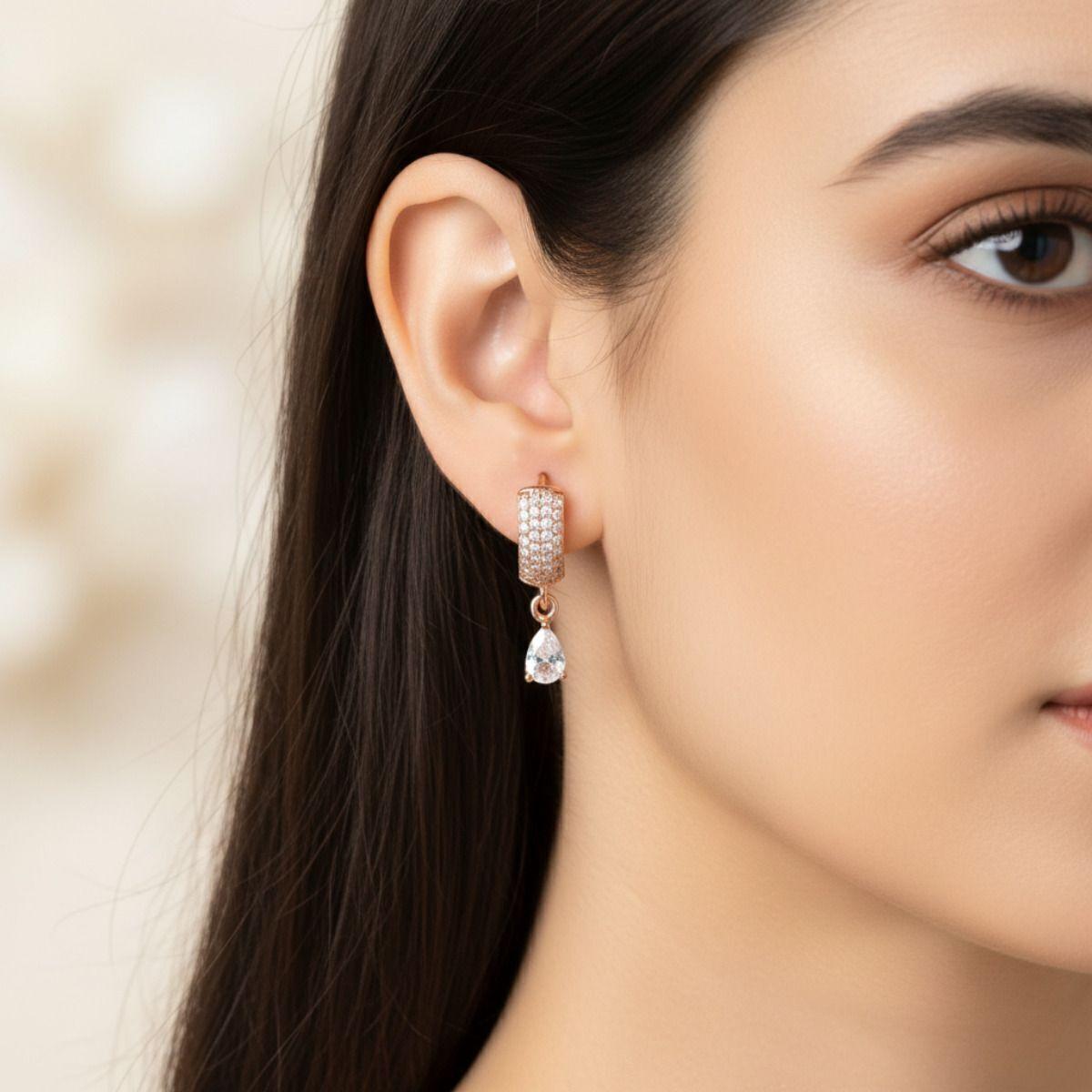 Forevershine Luxury Rose Gold Plated Hoop Earrings With Pave-Set American Diamond Cz Stones And Pear Drop Dangler For Women, Copper Metal, Polished Finish - Image 2