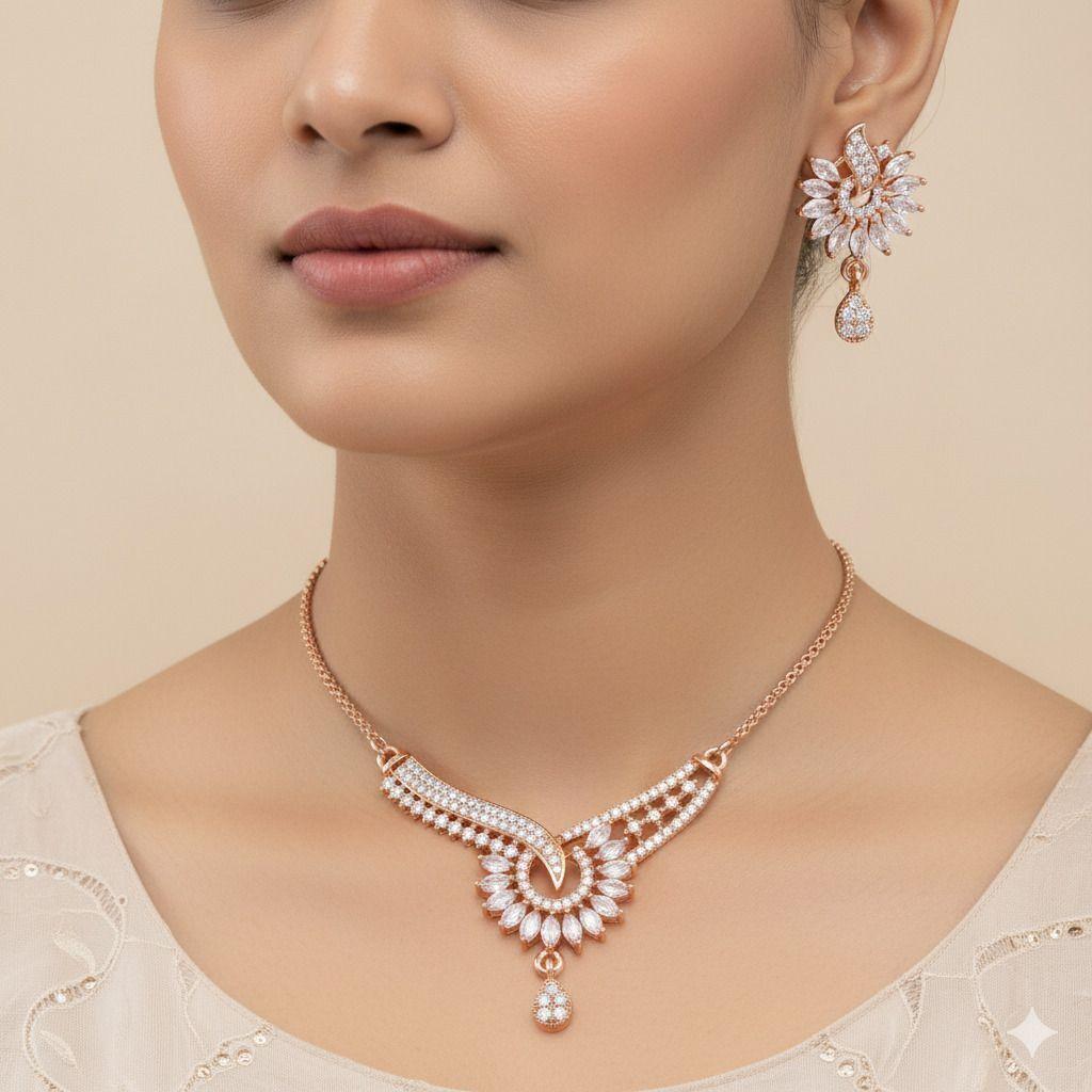 Forevershine Rose Gold Plated Cz Stone Studded Chain Pendant Necklace With Matching Earrings Jewellery Set For Women - Image 4