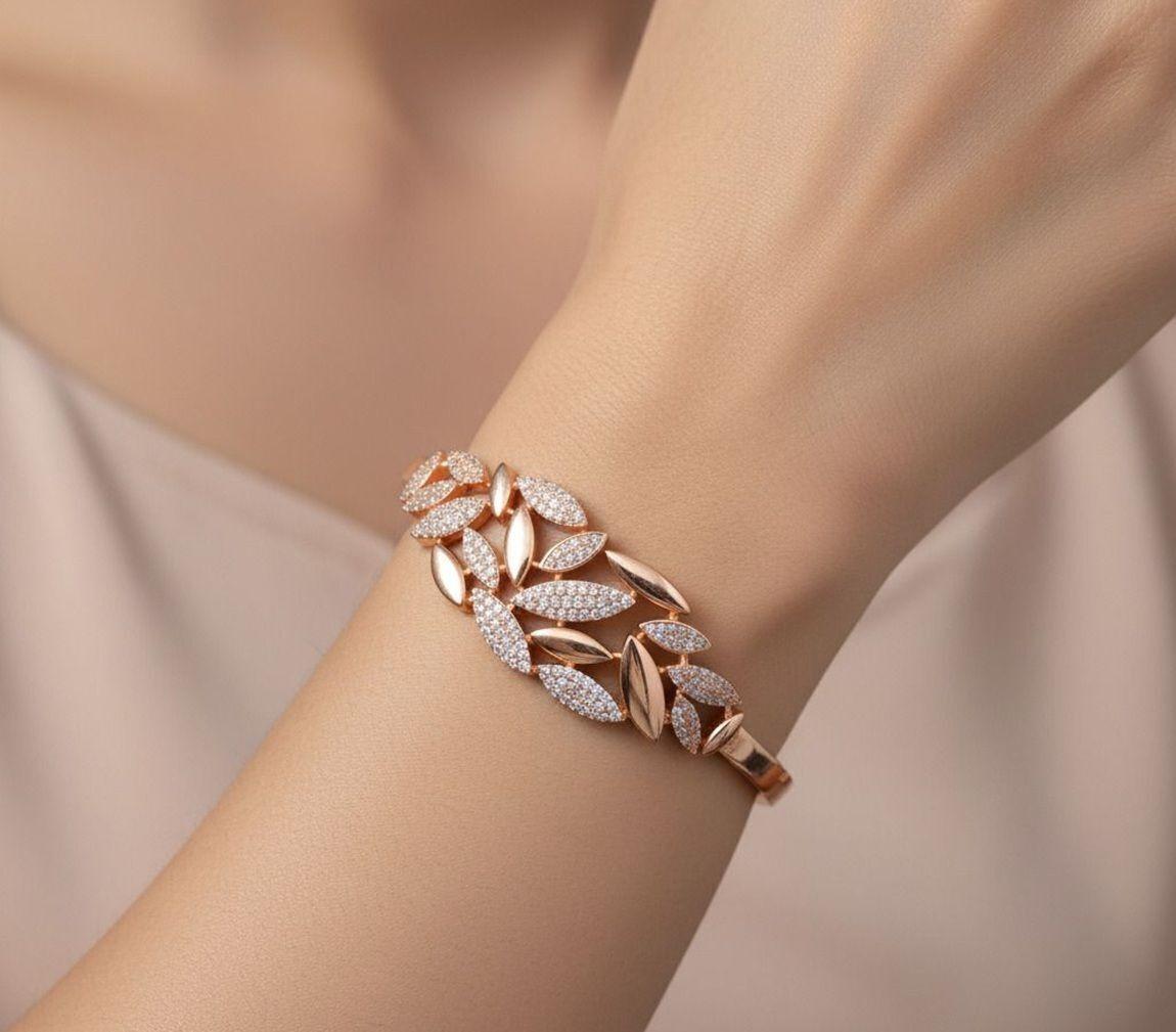 Forevershine Premium Rose Gold Plated Leaf Motif Bracelet Kada, Copper Base, Women's Fashion Jewelry, Adult, 2.4 Cm Size, 100g, Hinged Clasp Design - Image 4