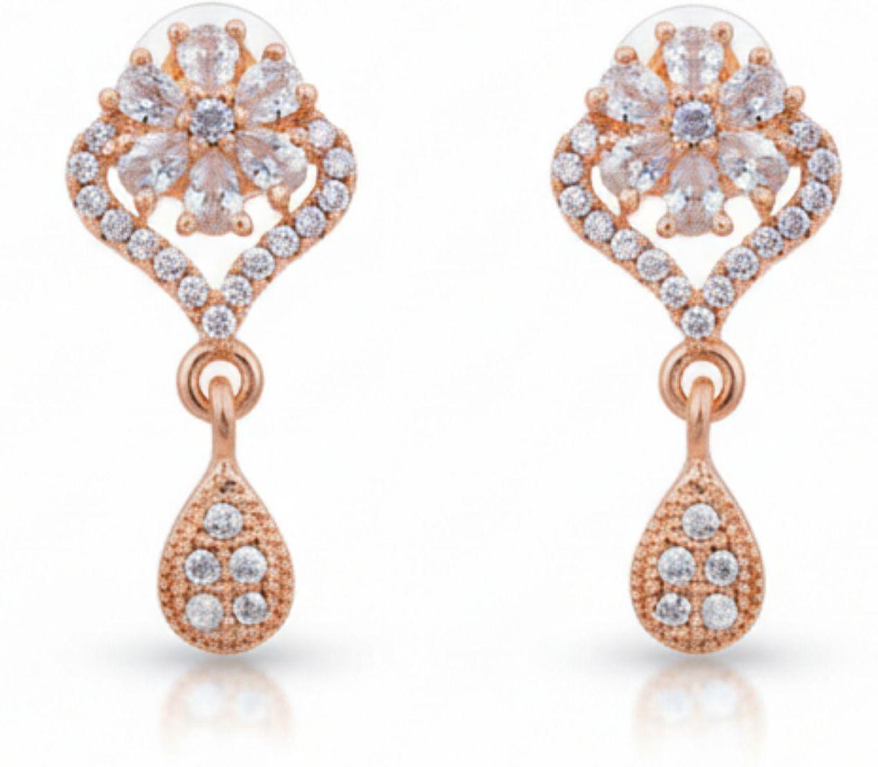 Forevershine Rose Gold Plated Cz Floral Drop Earrings For Women | Cubic Zirconia Studded Designer Dangle Earrings