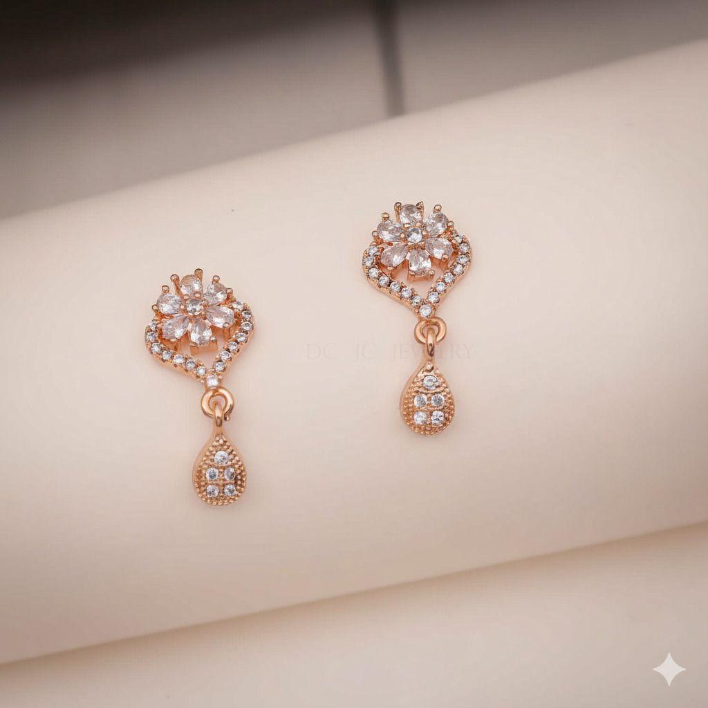 Forevershine Rose Gold Plated Cz Floral Drop Earrings For Women | Cubic Zirconia Studded Designer Dangle Earrings - Image 3