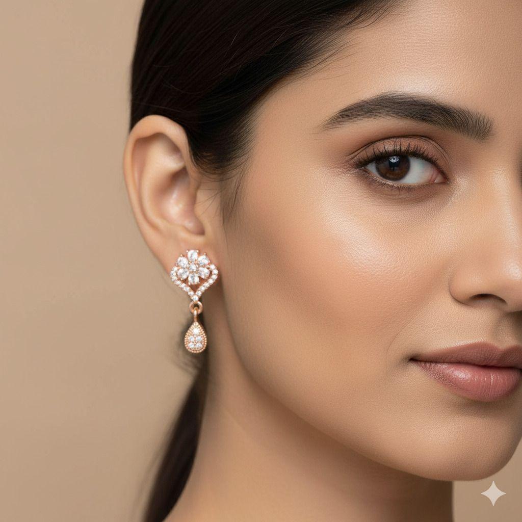 Forevershine Rose Gold Plated Cz Floral Drop Earrings For Women | Cubic Zirconia Studded Designer Dangle Earrings - Image 4