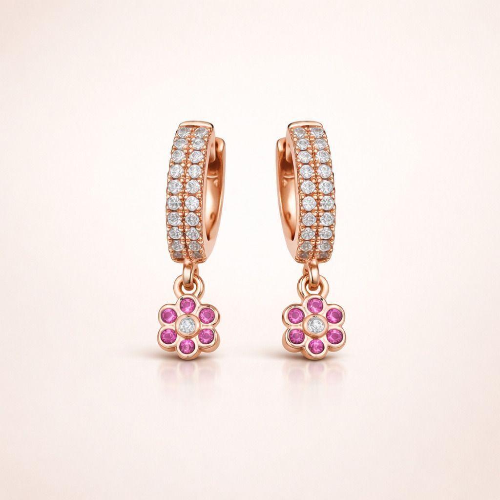 Forevershine Anti Tarnish Rose Gold Hoop Earrings With Pink Flower Charm, Pave Crystal Huggie Earrings, Dangle Drop Earrings|lightweight|gift For Her|for Women & Girls