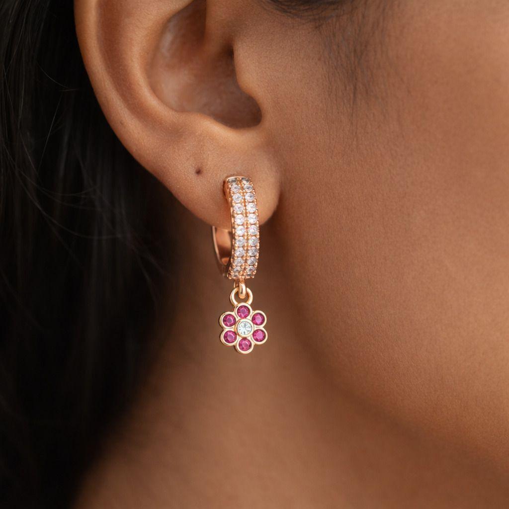 Forevershine Anti Tarnish Rose Gold Hoop Earrings With Pink Flower Charm, Pave Crystal Huggie Earrings, Dangle Drop Earrings|lightweight|gift For Her|for Women & Girls - Image 2