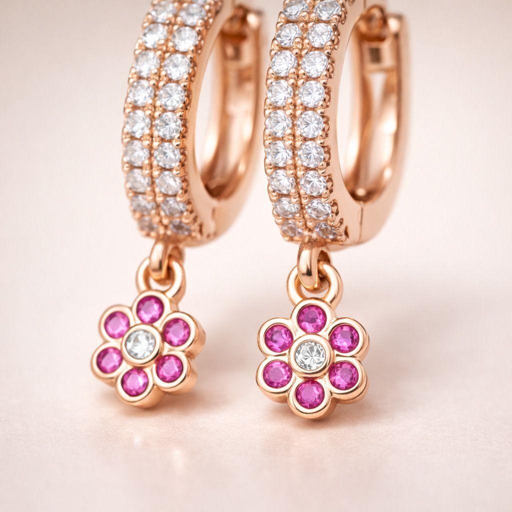 Forevershine Anti Tarnish Rose Gold Hoop Earrings With Pink Flower Charm, Pave Crystal Huggie Earrings, Dangle Drop Earrings|lightweight|gift For Her|for Women & Girls - Image 3