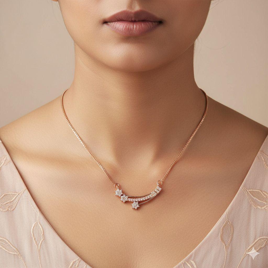 Forevershine Rose Gold Plated Cz Pendant Necklace For Women | Cubic Zirconia Stone Studded Curved Chain Pendant | Elegant Jewellery - Image 4