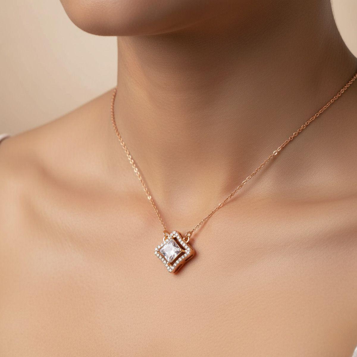 Forevershine Rose Gold Plated Cz Square Pendant Necklace For Women With Cubic Zirconia Stones | Elegant Chain Jewelry Stylish Wear Party Gift For Girls Birthday Anniversary Accessory - Image 2