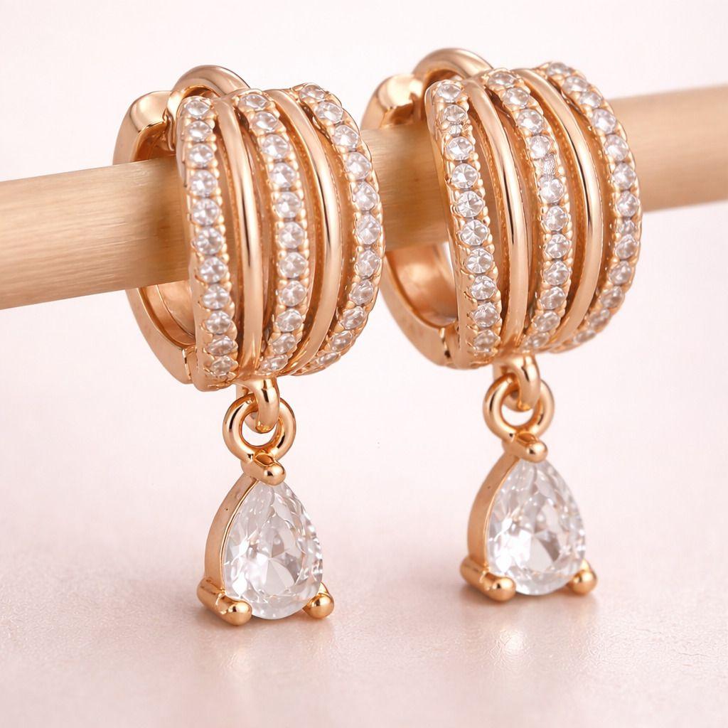 Forevershine Rose Gold Cz Hoop Earrings, Three Stone Bezel Set, Cubic Zirconia, Huggie Style, Premium Jewelry
