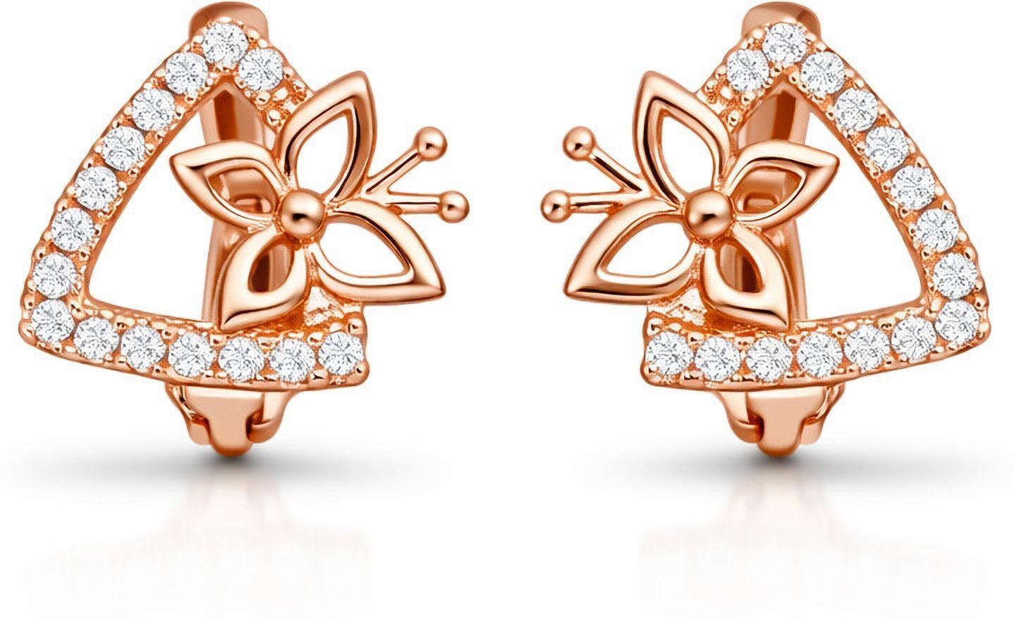 Rose Gold Triangle Stud Earrings With Flower Design, Crystal Embellished, Fashion Jewelry - Image 4