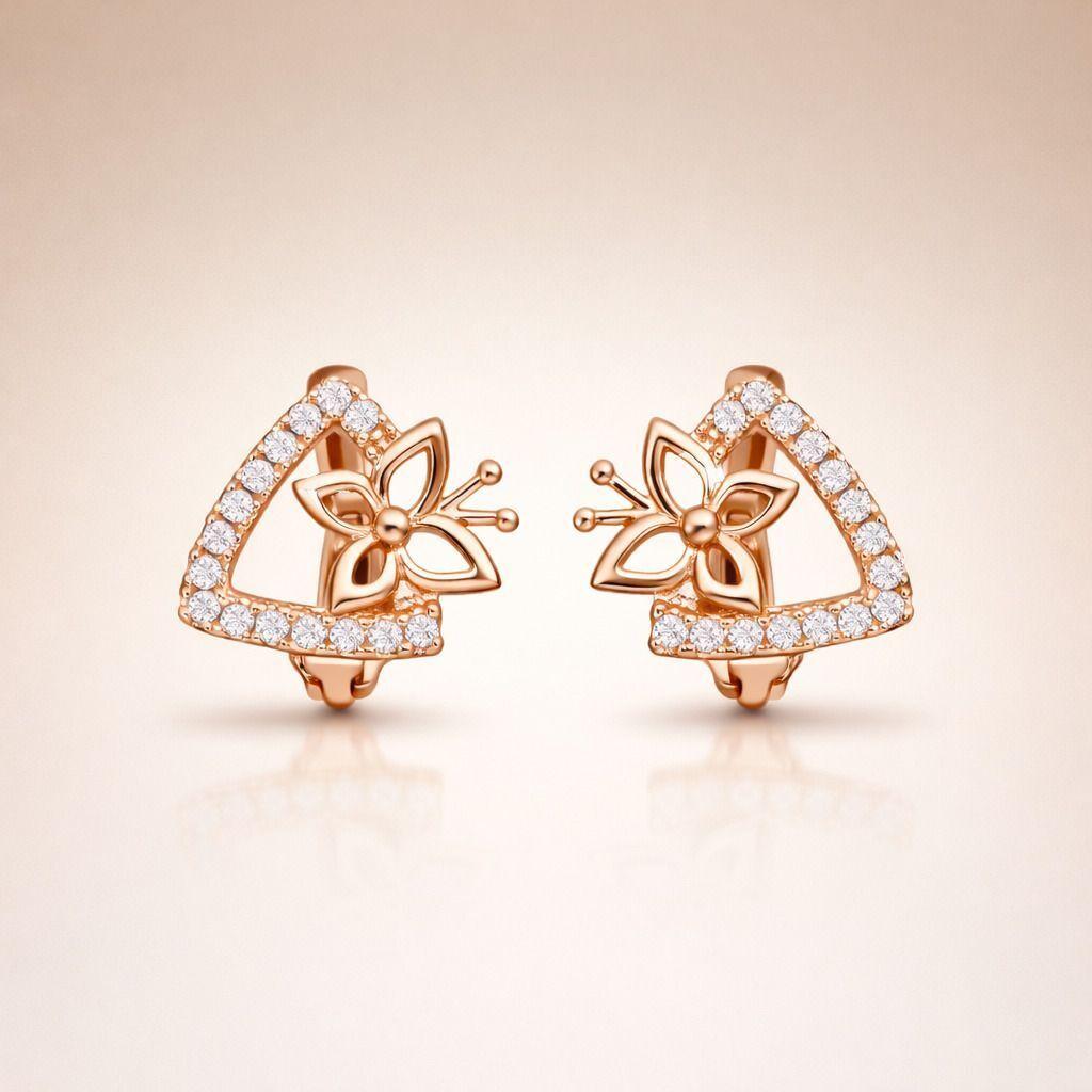 Rose Gold Triangle Stud Earrings With Flower Design, Crystal Embellished, Fashion Jewelry