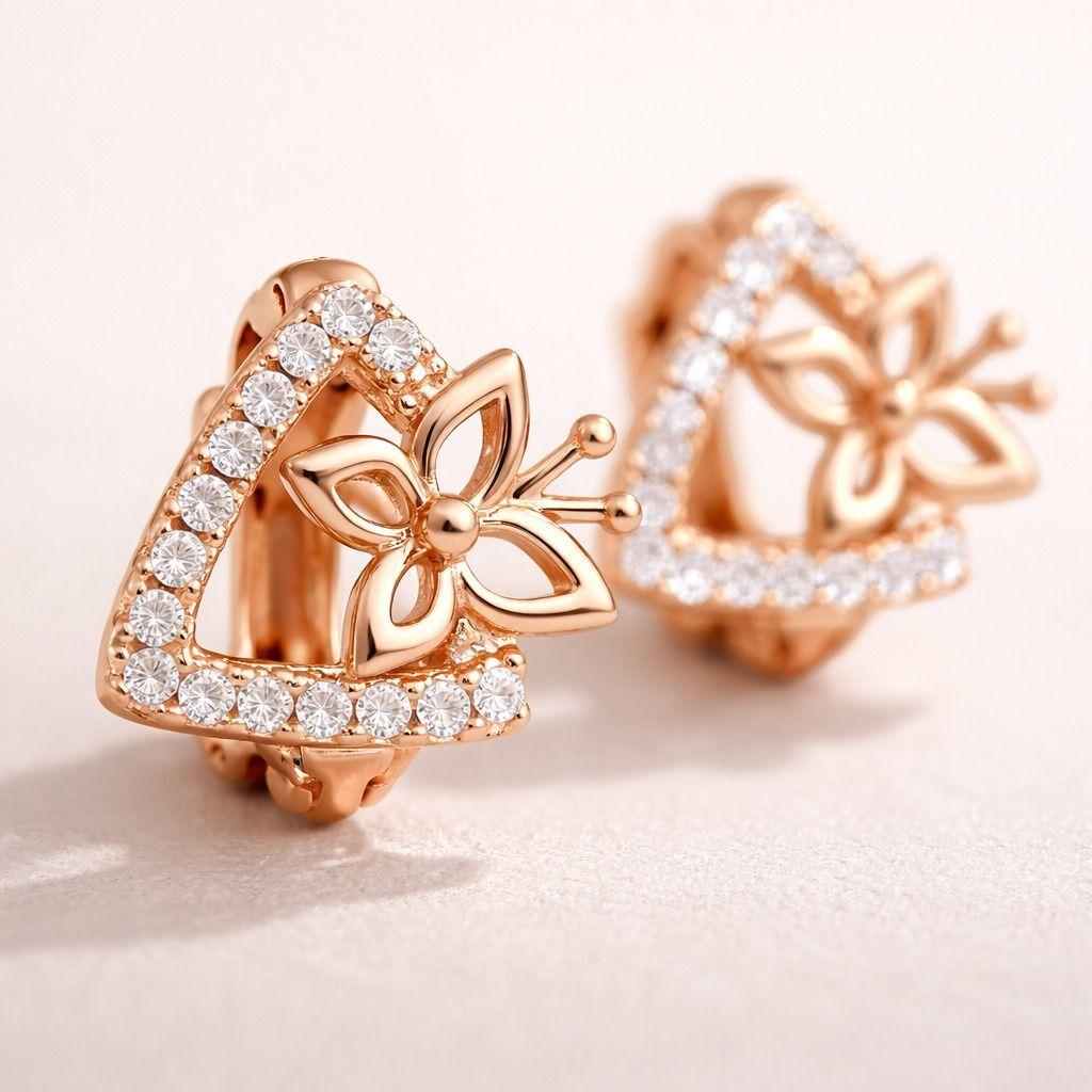 Rose Gold Triangle Stud Earrings With Flower Design, Crystal Embellished, Fashion Jewelry - Image 3