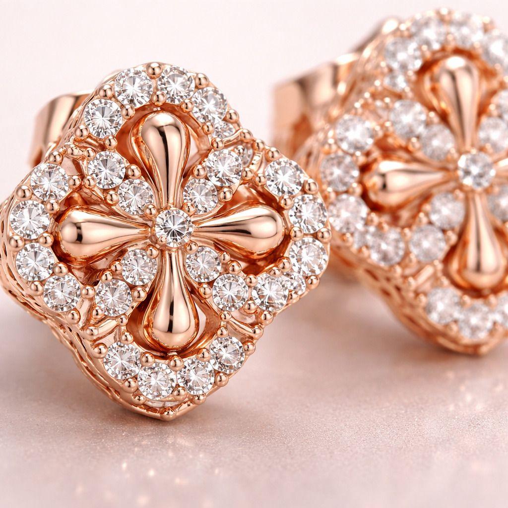Forevershine American Diamond/Cz Stone Bali Earrings, Rose Gold, Clover Floral Design, Hoop Style, Women's Jewelry