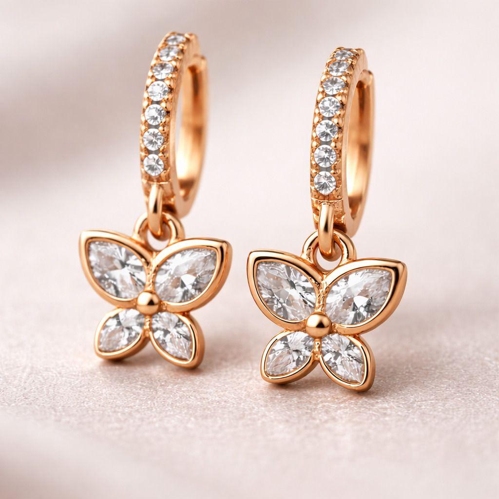Forevershine Anti Tarnish Rose Gold Flower Charm Hoop Earrings For Women | Crystal Pave Huggie Hoops With Floral Dangle | Elegant Drop Earrings For Party Gift Jewelry