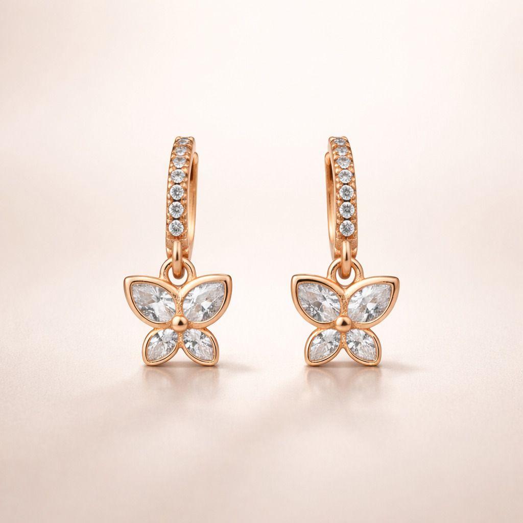Forevershine Anti Tarnish Rose Gold Flower Charm Hoop Earrings For Women | Crystal Pave Huggie Hoops With Floral Dangle | Elegant Drop Earrings For Party Gift Jewelry - Image 3