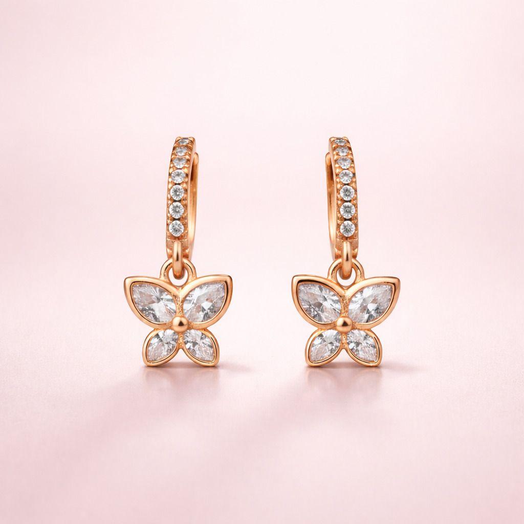 Forevershine Anti Tarnish Rose Gold Flower Charm Hoop Earrings For Women | Crystal Pave Huggie Hoops With Floral Dangle | Elegant Drop Earrings For Gift Jewelry - Image 3