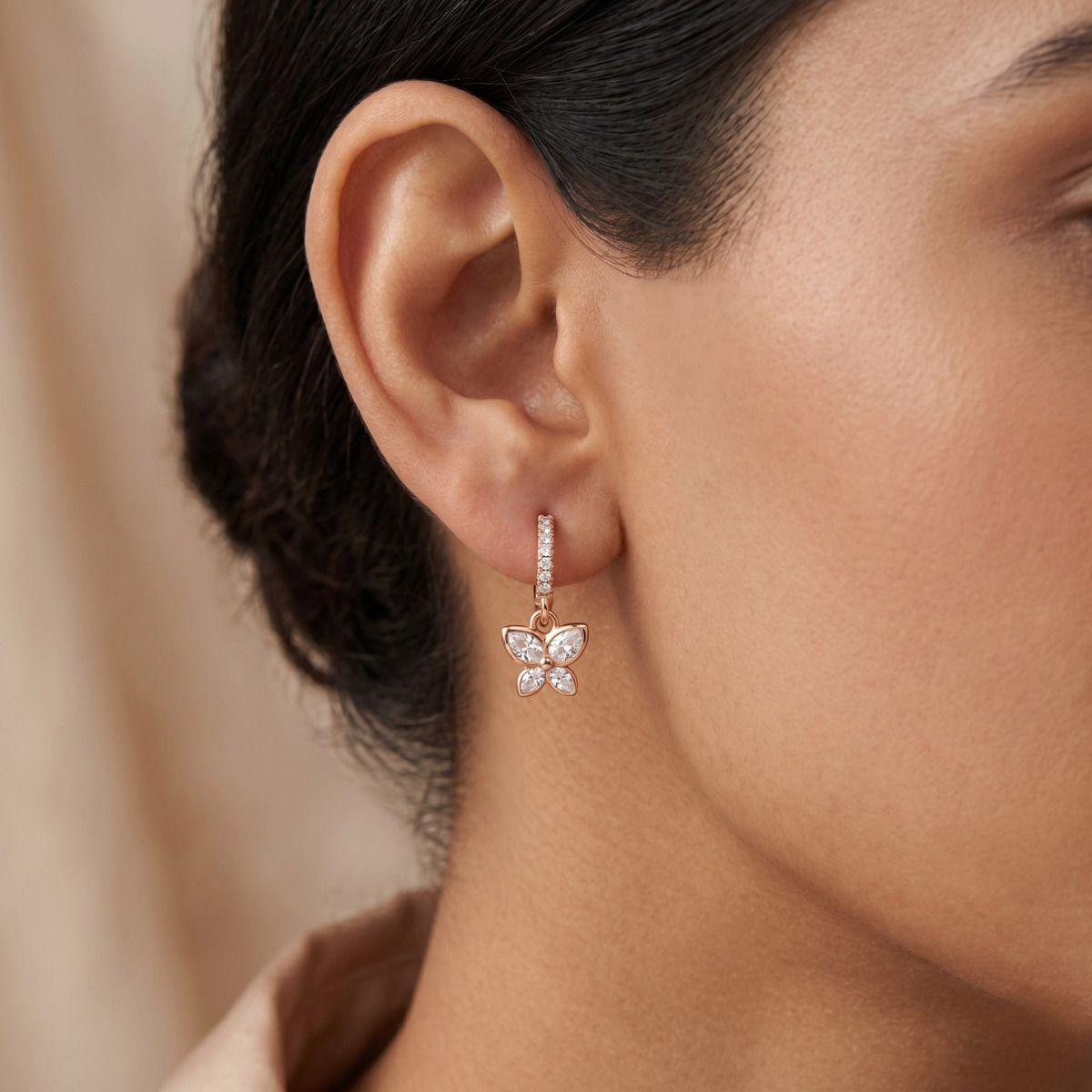 Forevershine Anti Tarnish Rose Gold Flower Charm Hoop Earrings For Women | Crystal Pave Huggie Hoops With Floral Dangle | Elegant Drop Earrings For Party Gift Jewelry - Image 2