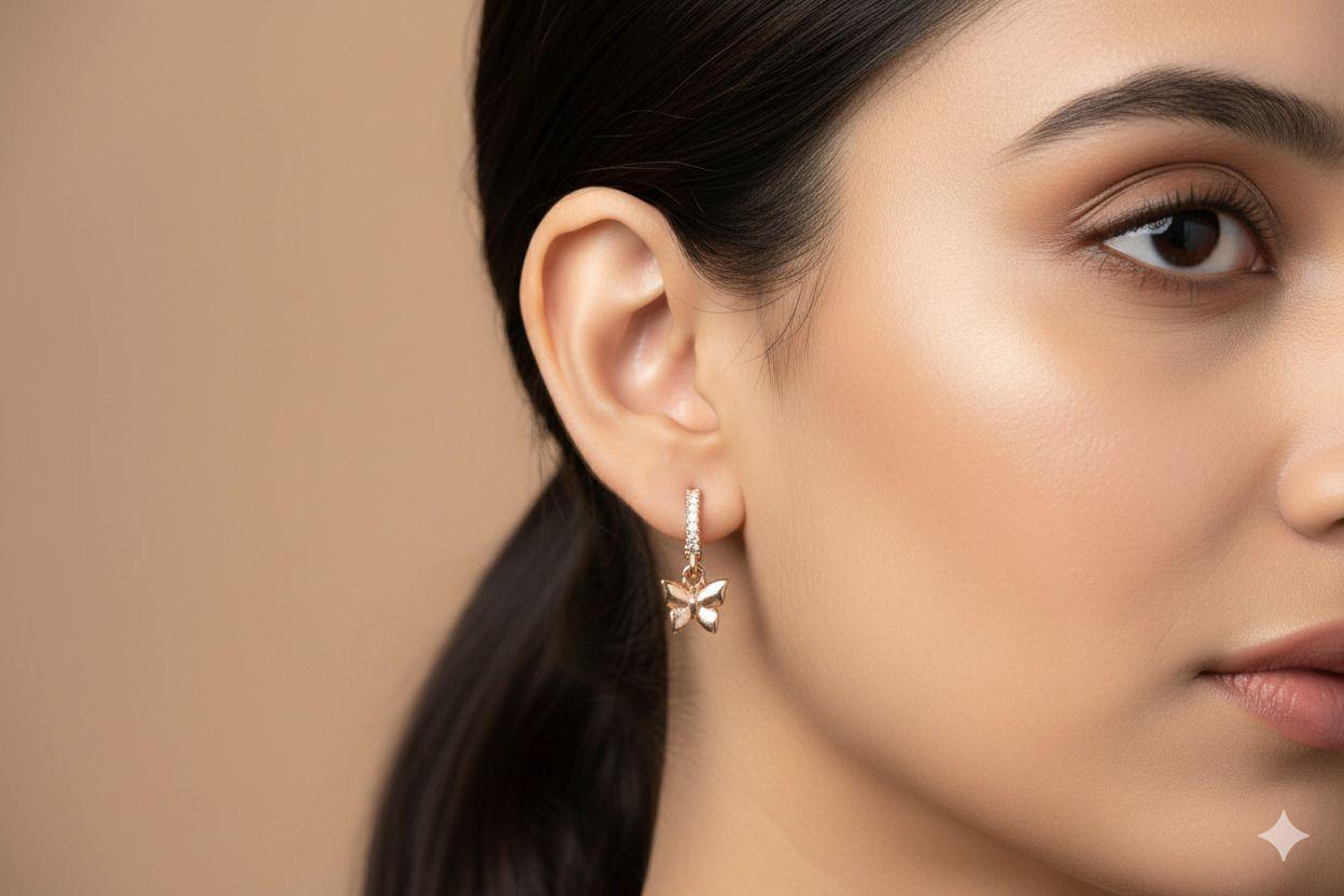 Forevershine Rose Gold Butterfly Hoop Earrings With Crystal Accents, Dangle Charm Huggie Hoops For Women & Girls - Image 2
