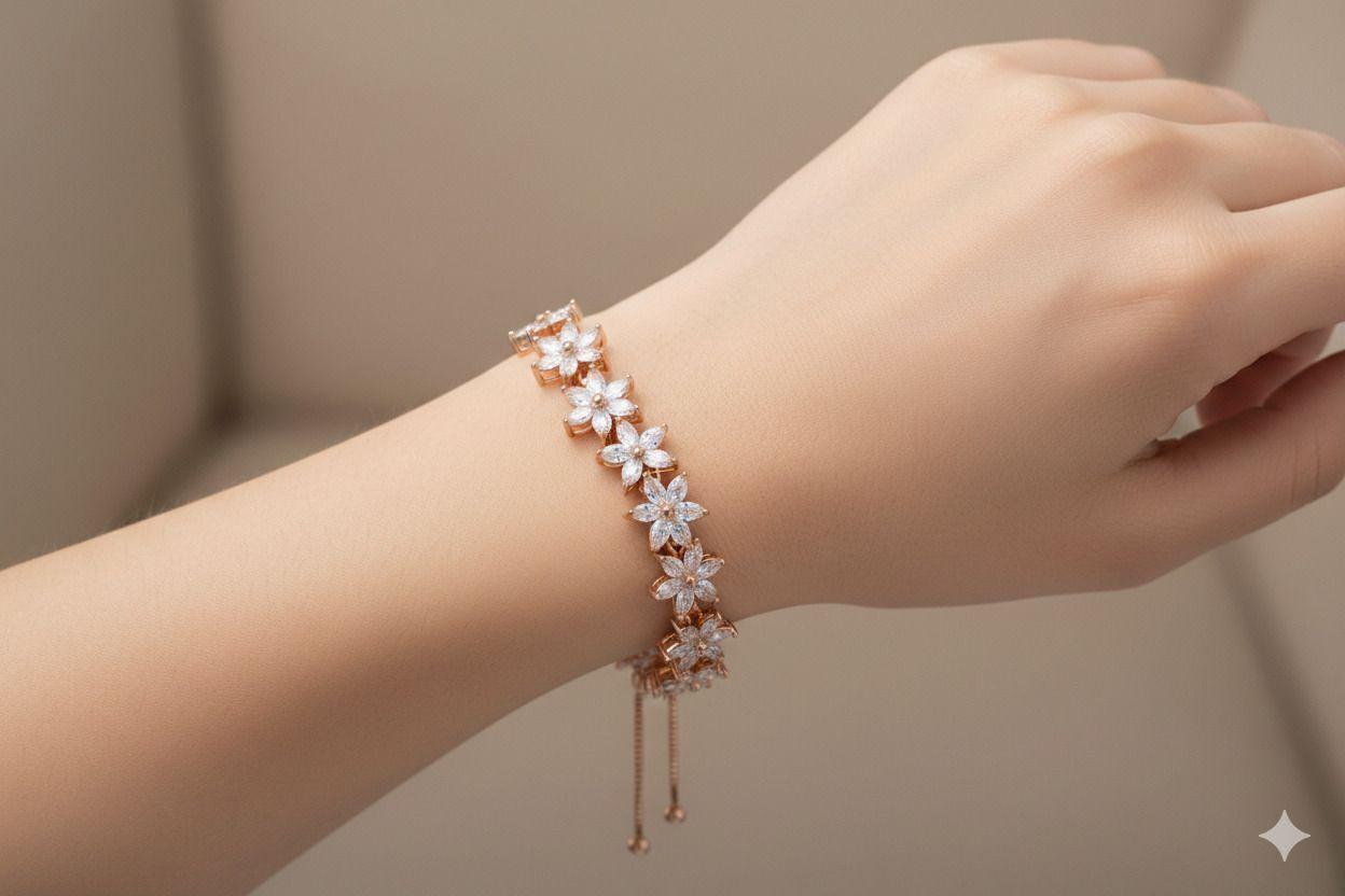 Forevershine Rose Gold Plated Cubic Zirconia Studded Drawstring Bracelet For Women | Adjustable Designer Floral Bracelet | Anti Tarnish | Premium Party Fashion Jewellery - Image 4