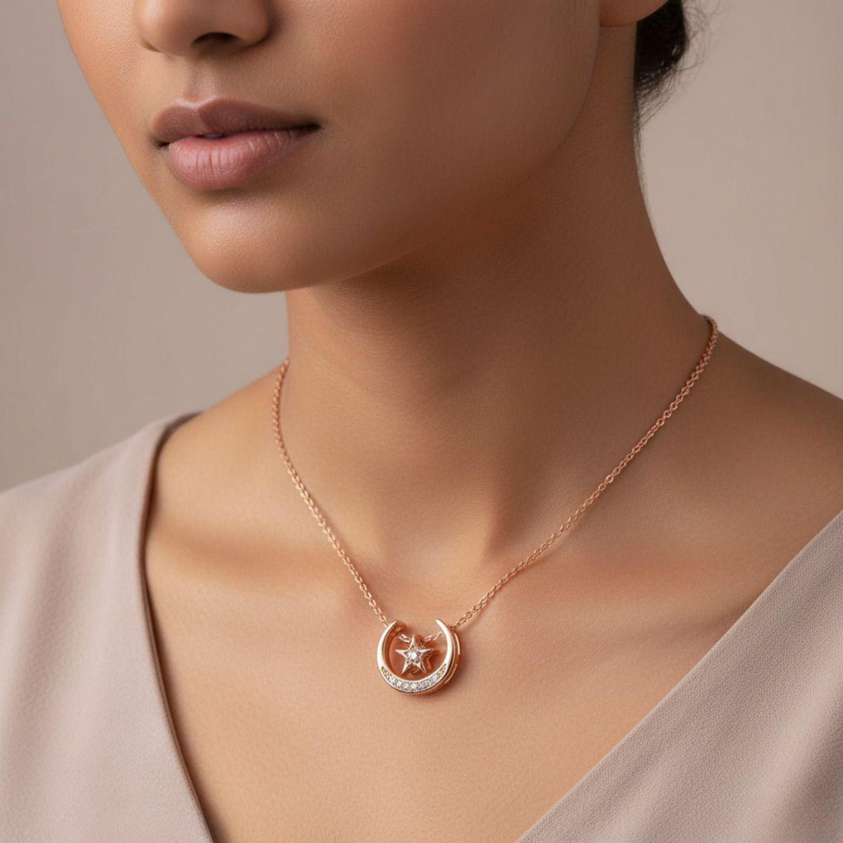 Forevershine Rose Gold Plated Cz Moon Star Pendant Necklace For Women With Cubic Zirconia Stones | Elegant Celestial Chain Jewelry Stylish Wear Party Gift For Girls Birthday Anniversary Accessory - Image 3
