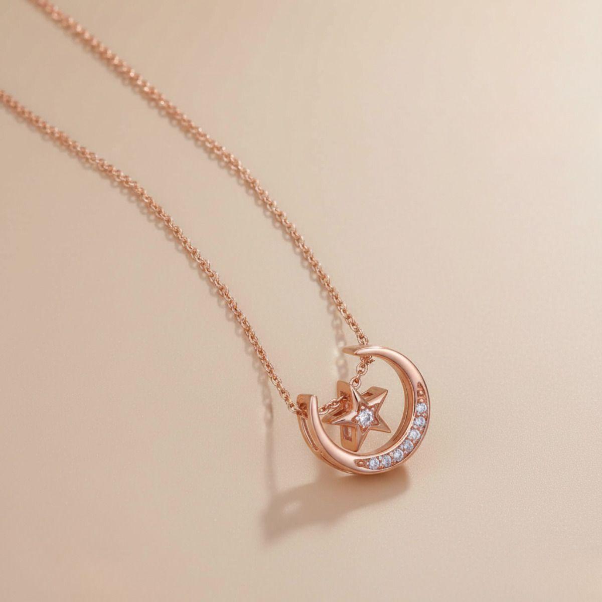 Forevershine Rose Gold Plated Cz Moon Star Pendant Necklace For Women With Cubic Zirconia Stones | Elegant Celestial Chain Jewelry Stylish Wear Party Gift For Girls Birthday Anniversary Accessory