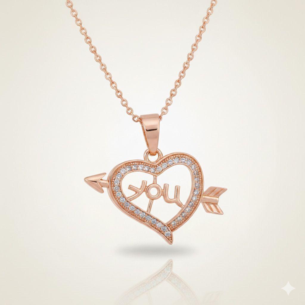 Forevershine Rose Gold Plated Cz Love Heart Arrow Pendant | Necklace For Women With Cubic Zirconia Stones | Elegant Romantic Chain Jewelry Stylish Wear Party Gift For Girls