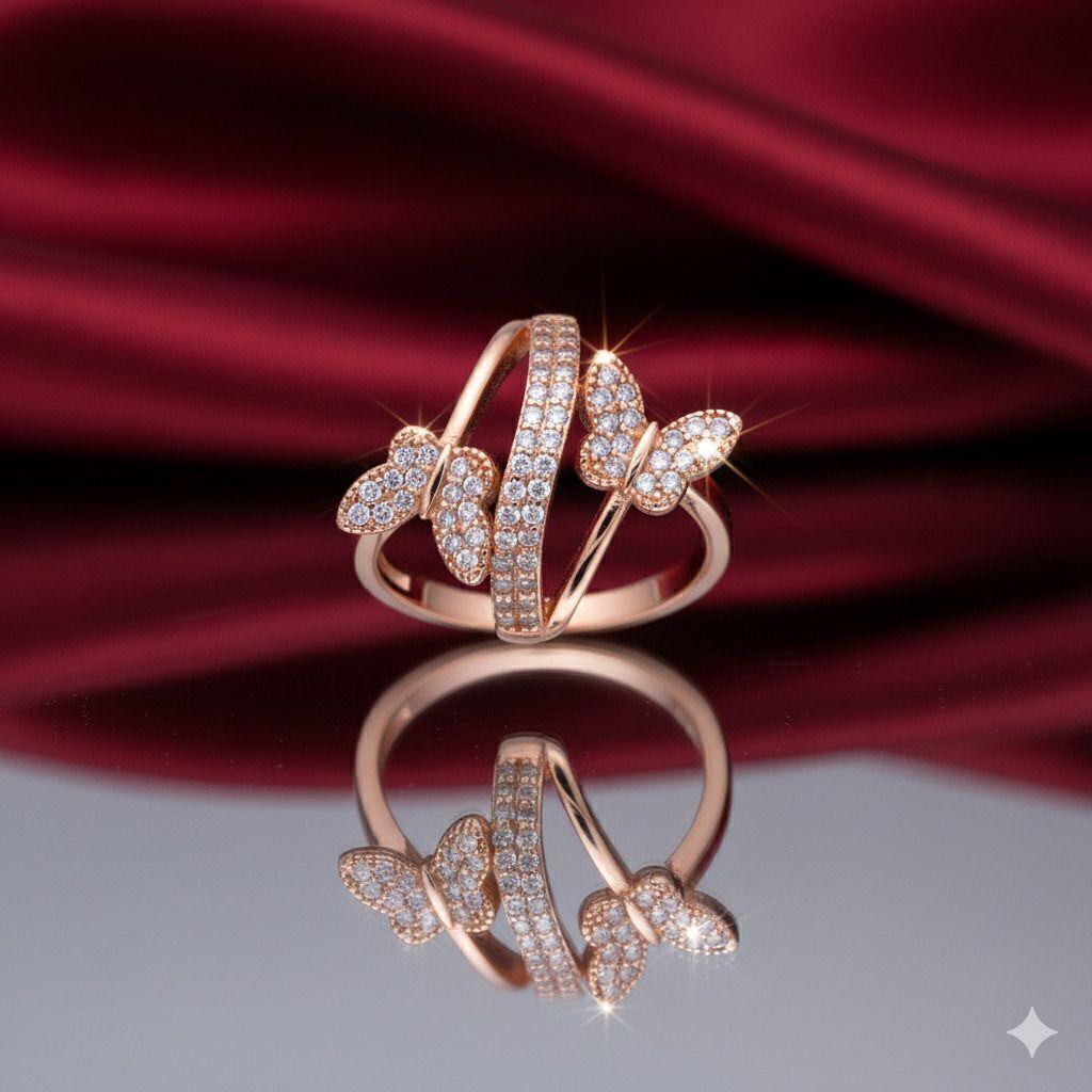Forevershine Rose Gold Butterfly Adjustable Finger Ring For Women & Girls | Cubic Zirconia Crystal Studded Open Band Fashion Ring | Elegant Party Jewellery Gift - Image 5