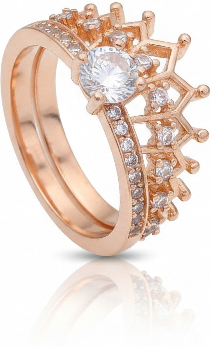 Forevershine Rose Gold Crown Design Adjustable Finger Ring For Women | Cubic Zirconia Studded Statement Open Ring | Fashion Jewellery For Girls Ladies | Gift Accessory - Image 3